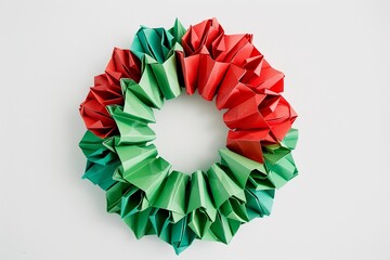 Obraz premium Colorful origami wreath made from red and green paper, ideal for festive decorations or holiday celebrations