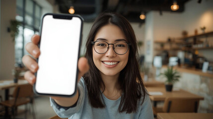 A happy woman in a coffee shop holding a black smartphone with a blank white screen up to the camera, ready for your message or image