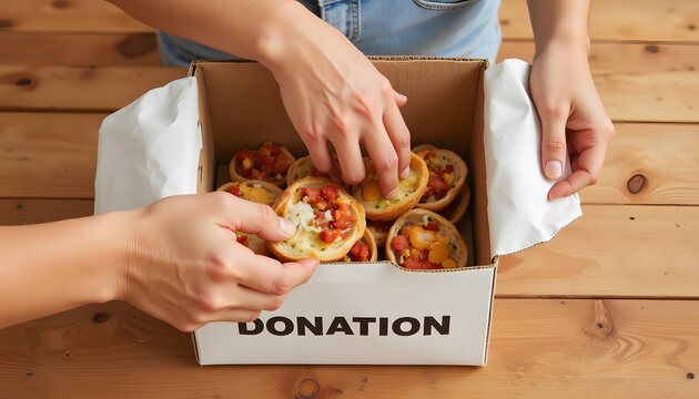 Two hands taking food donations from cardboard box on wooden table  