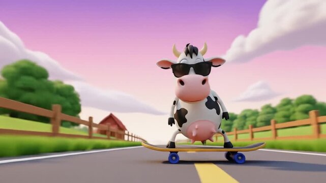 Cow skateboarding with sunglasses on a colorful sky background. Suitable for fun and vibrant graphics, summerthemed designs, and animal art.