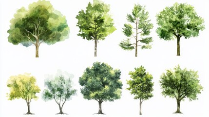 an artistic collection of watercolor tree symbols designed for professional landscaping use, featuring a variety of canopy styles from dense rounded foliage to airy open branches, soft greens layered