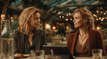 Businesswomen discussing work over lunch meeting