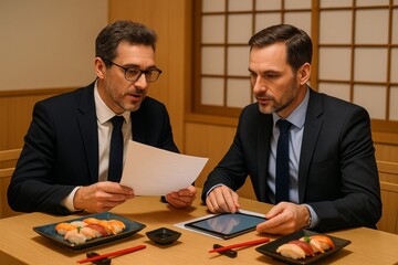 Businessmen discussing documents over sushi lunch