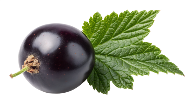 Fresh blackcurrant with green leaf isolated on transparent background
