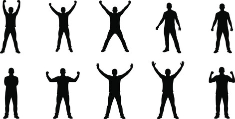 Silhouettes of people in various poses, standing, stretching, dancing, jumping, isolated on white background, fitness, motion, expression, flexibility