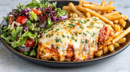 Delicious chicken parmigiana served with crispy fries and fresh garden salad, perfect for meal