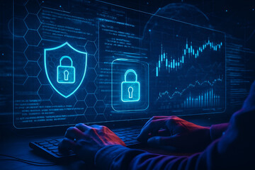 Futuristic digital security concept with hands on a keyboard and a holographic screen displaying a glowing shield icon and a padlock with data visualizations.