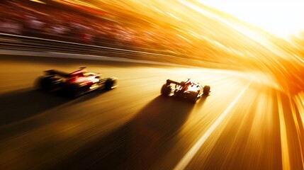 a dramatic formula 1 racing moment, powerful f1 cars streaking past at breathtaking speeds, motion blur emphasizing their velocity, an electrified crowd in the grandstand cheering wildly, arms raised