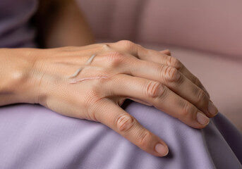 Fototapeta premium Healed hand injury with visible scar and raised veins resting on lavender fabric, closeup of mature skin texture and wound recovery after surgery or trauma