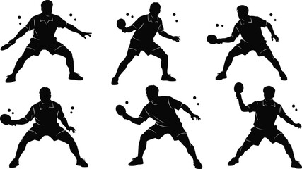 Table tennis player silhouettes, various poses with paddle, sport action stances, ping pong movement artwork, black minimal game illustration set