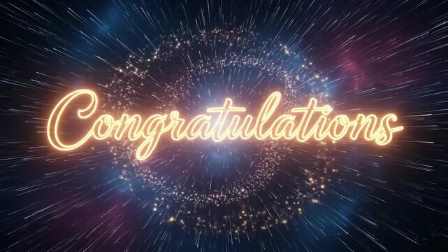 Animated congratulations text effect with sparkling stars in a cosmic background