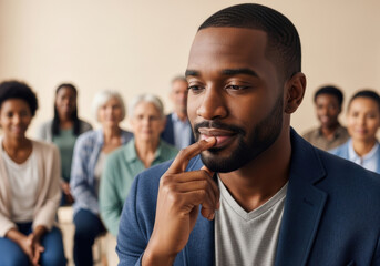 Thoughtful young man considering decision during support group session with diverse adults seated in background, reflecting community empathy and personal reflection