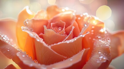 a detailed macro view of a rose bathed in warm peach and iridescent opal tones, its petals curling gracefully with a subtle prismatic sheen dreamy, scattered light reflections create a magical glow,