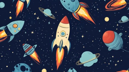 a fun and energetic outer space pattern designed with kid-friendly aesthetics, featuring doodle-style rocket ships blasting off with bright flame trails quirky ufos with glowing details float near