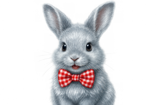 Cute grey bunny sporting red gingham bow tie, nestled against clean transparent backdrop, showcasing whimsical character design