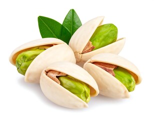 Four shelled pistachios with vibrant green kernels and fresh leaves, isolated on a white background