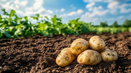 Freshly harvested potatoes on soil in a field.