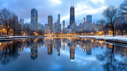 Fototapeta premium Twilight city skyline reflecting on calm water, showcasing urban beauty and tranquility