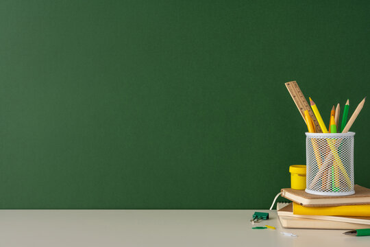 Organized stationery items in a pencil holder on a desk with a simple green background