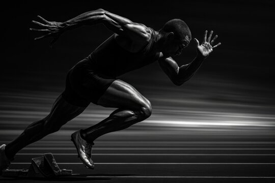 Dynamic sprinter launching from blocks in intense motion blur - Powered by Adobe