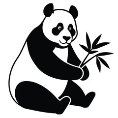 A panda eating bamboo. Illustration of a panda bear seated while eating bamboo leaves and a bamboo stalk in a graphic style, panda eating bamboo silhouette, cute pandas eating bamboo silhouette vector