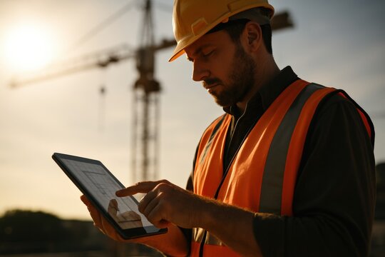 Construction worker using tablet at site during sunset
