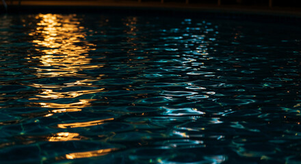Glowing golden lights reflecting on dark rippling water at night, creating a serene and mesmerizing visual effect.