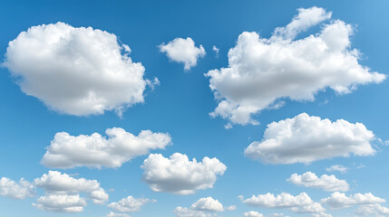 Obraz premium Fluffy white clouds drift across clear blue sky, creating serene and peaceful atmosphere