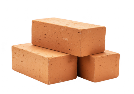 Three red clay bricks stacked on a transparent background, representing construction material and building elements