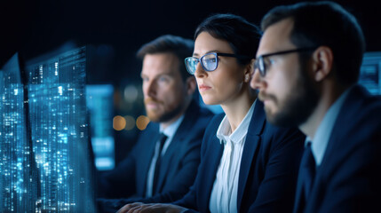 Three professionals focus intently on screens displaying data, showcasing a modern workspace with a high-tech atmosphere.