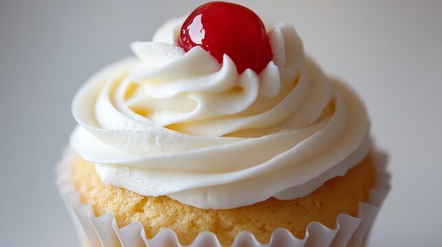 a refined cupcake masterpiece, golden vanilla sponge wrapped in an immaculately pleated white liner, its surface crowned with a voluminous, feathery swirl of pure white whipped topping, a vibrant