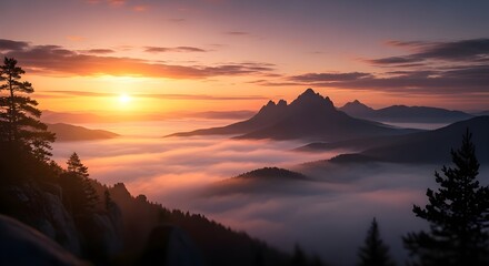 Sunrise paints a misty mountain valley with hues of orange and pink
