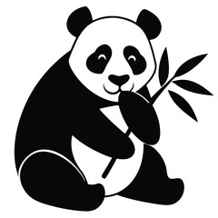 A panda eating bamboo. Illustration of a panda bear seated while eating bamboo leaves and a bamboo stalk in a graphic style, panda eating bamboo silhouette, cute pandas eating bamboo silhouette vector
