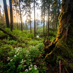 Fototapeta premium Forest floor, sunlight, wildflowers