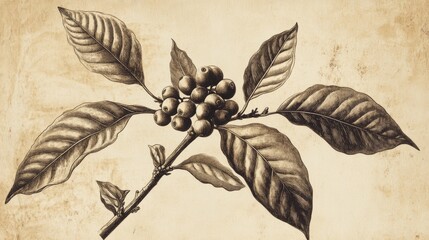 a historically inspired botanical engraving of a coffee plant, featuring exquisite line detailing and delicate shading the realistic leaf structures and plump coffee berries are meticulously rendered