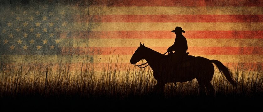 The cowboy riding horse silhouetted against a vintage American flag backdrop. - Powered by Adobe