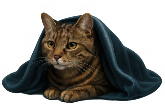 European shorthair tabby cat lying down and hiding under a blue blanket, isolated on transparent background