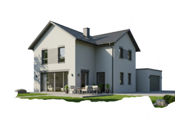 Modern house with garage and garden, exterior view, isolated on white isolated on transparent background