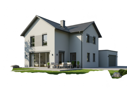 Modern house with garage and garden, exterior view, isolated on white isolated on transparent background