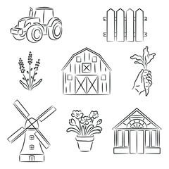 Farm and Garden Line Art Icons: Tractor, Barn, Windmill, Greenhouse, Lavender, Carrot, Fence