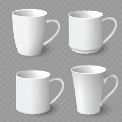 Set of Realistic White Ceramic Coffee Mugs Mockup. Drinkware Collection. Vector