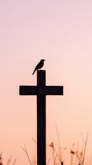 Crow perched on cross in ancient graveyard, silhouetted against soft pastel sunset, evokes sense of tranquility and reflection