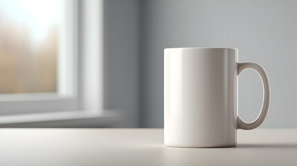 Obraz premium A minimalist image of a ceramic coffee mug on a simple table, with natural light streaming through a window in the background.