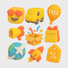 Free Shipping icons collection. E-commerce 3D Icon Set: Delivery, Promotion, and Global Reach