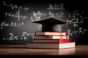 Graduation cap atop stacked books against a chalkboard background
