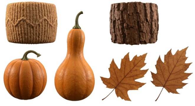 Autumn harvest still life with pumpkins, leaves, and textures