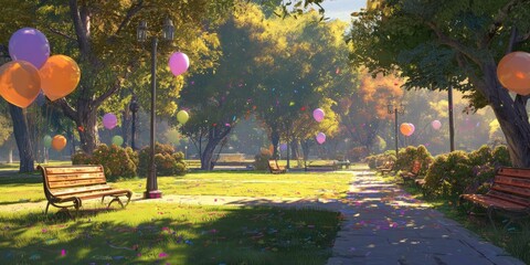 Obraz premium A park with trees and benches, scattered confetti in the air, golden hour lighting, vibrant colors of green grass, orange sky, colorful balloons floating above