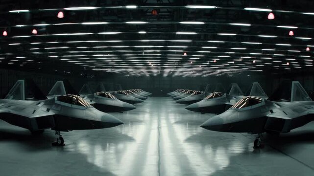 F-22 Raptor Stealth Fighter Jets Line Up in a Hangar Military Preparedness