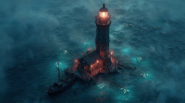 Futuristic coastal lighthouse surrounded by glowing drones 