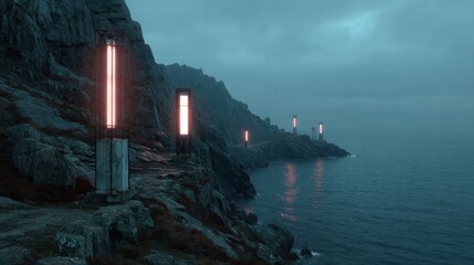 Lighthouse tower scanning ocean surface with laser grid